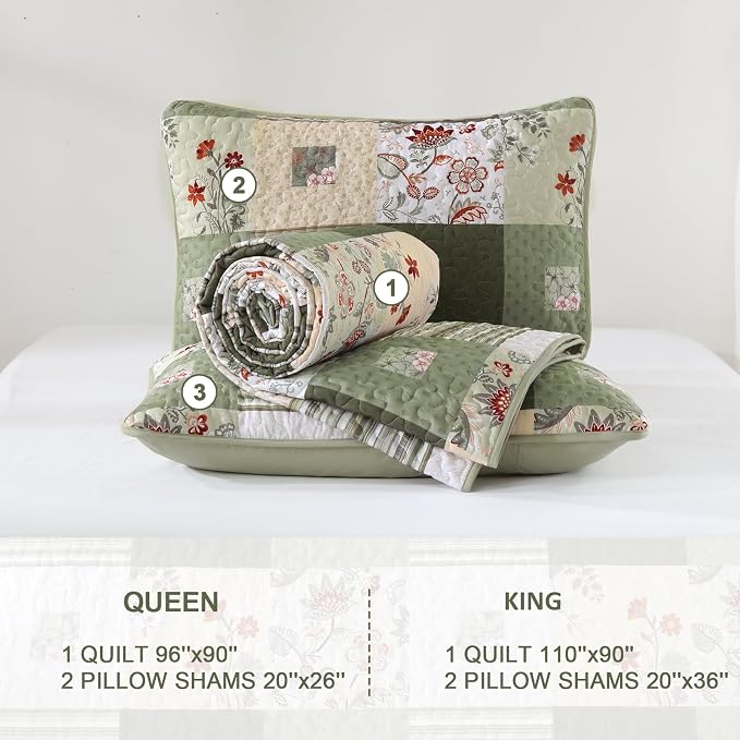 Anibedding Patchwork Quilt Set Queen Size, Green Floral Plaid Bedspread | 3 Pcs Country Floral Coverlet Set, Soft Lighweight Farmhouse Quilt Bedding Set 3 Pieces for All Season, 96''x90''