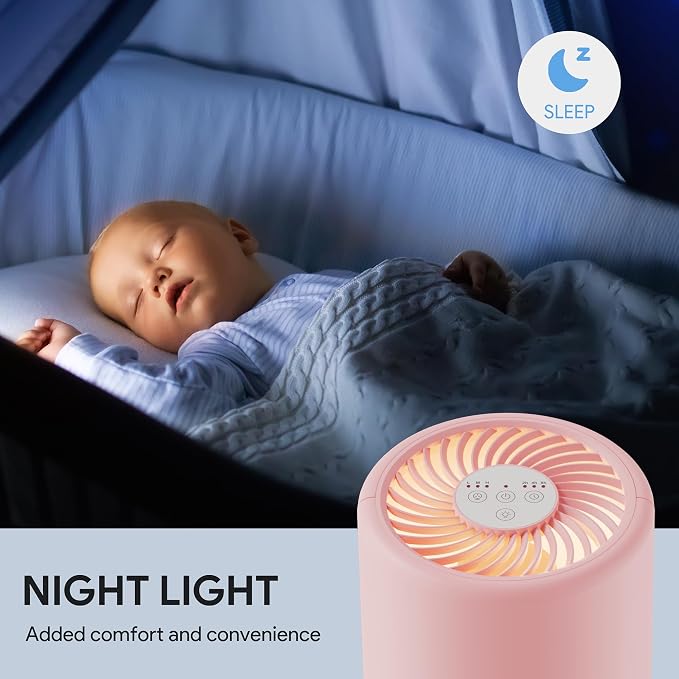 Air Purifiers for Bedroom, FULMINARE H13 True HEPA Filter (Pink) | Remove Pet Hair, Smoke, Odors，Quiet Air Cleaner With Night Light, Portable Small Air Purifier for Home, Office, Living Room