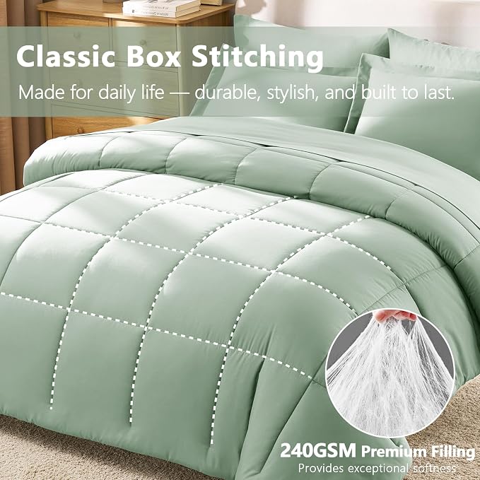 Full Size Comforter Sets, 7-Piece Bed in a Bag, Sage Green | OEKO-TEX Certified, Box-Stitched Design, 240 GSM Down Alternative Fill, All-Season Comfort, Sheets, Pillowcases & Shams