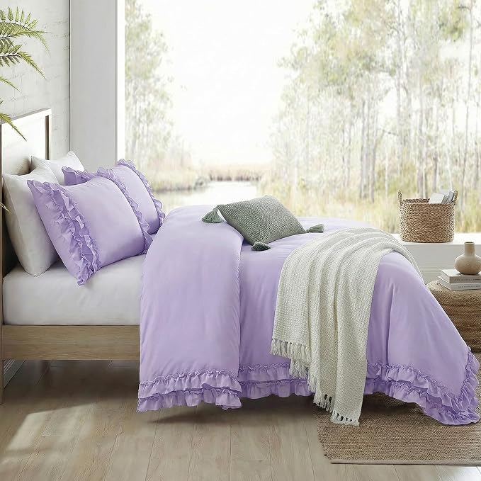 Bedrom Ruffled Duvet Cover Queen Light Purple Bedding Set Shabby Chic Lace Ruffle Bedroom Set Lilac Purple Aesthetic Boho Duvet Cover Set for Girls Women
