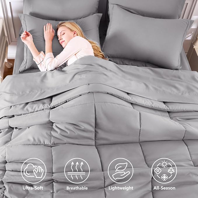 Queen Comforter Set, 7-Piece Bed in a Bag, Grey | OEKO-TEX Certified, Box-Stitched Design, 240 GSM Down Alternative Fill, All-Season Comfort, Sheets, Pillowcases & Shams