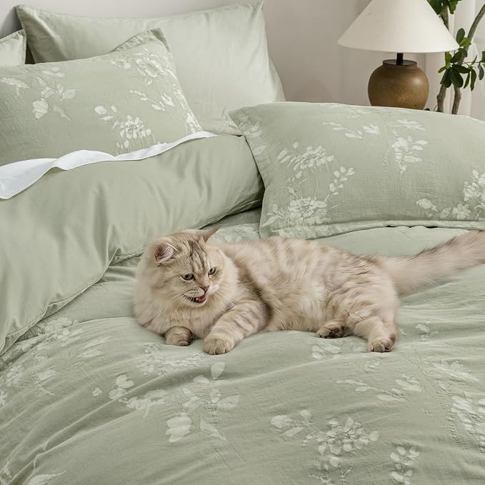 PHF Stone-Washed 100% Cotton Duvet Cover King Size, 104"x90", Dusty Sage | Elegant Floral Jacquard Woven, Ultra Soft Breathable All Season Bedding Set for Adults, 3pcs with 2 Pillow Shams, No Filling