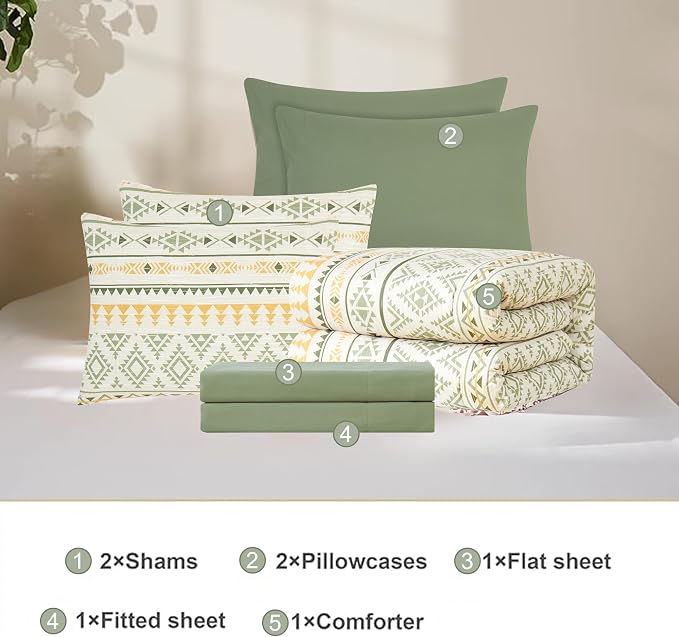 Full Size Comforter Sets - 7 Pieces Western Bedding Reversible Bed in a Bag | Boho Bedding, All Season Aztec Bed Set with Comforter, Sheets, Pillowcases & Shams, Olive Green
