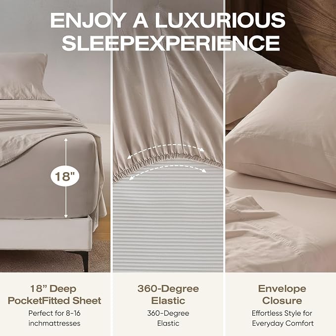 100% Pure Linen 4 Piece Sheet Set, Cooling and Breathable Flax Bed Sheets for Hot Sleepers, All Season Comfort, Anti-Tear and Durable Bedding, 18 Inch Deep Pocket(Natural Linen, King)