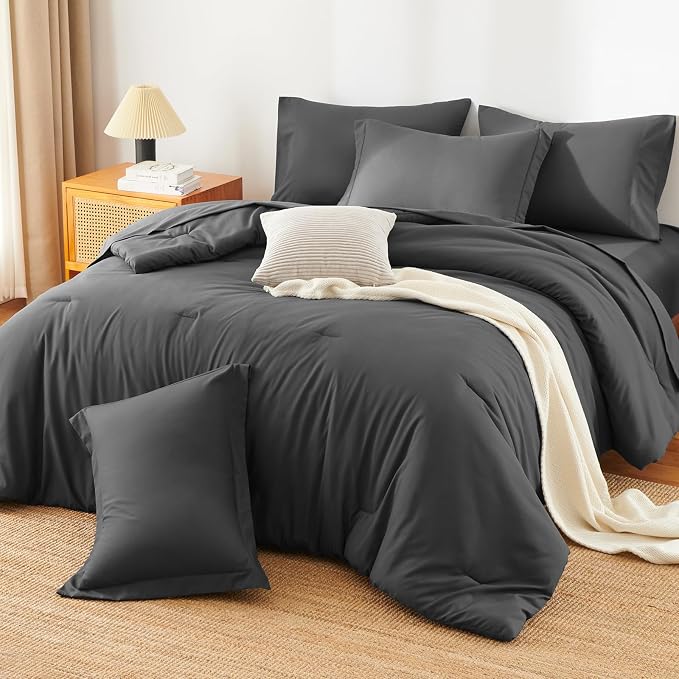 HIMEET King Comforter Set, 7-Piece Point-Quilted Bed in a Bag, Dark Grey | OEKO-TEX Certified, Lightweight 240 GSM Comforter, Flat Sheet, 14-Inch Deep-Pocket Fitted Sheet, Pillowcases & Shams
