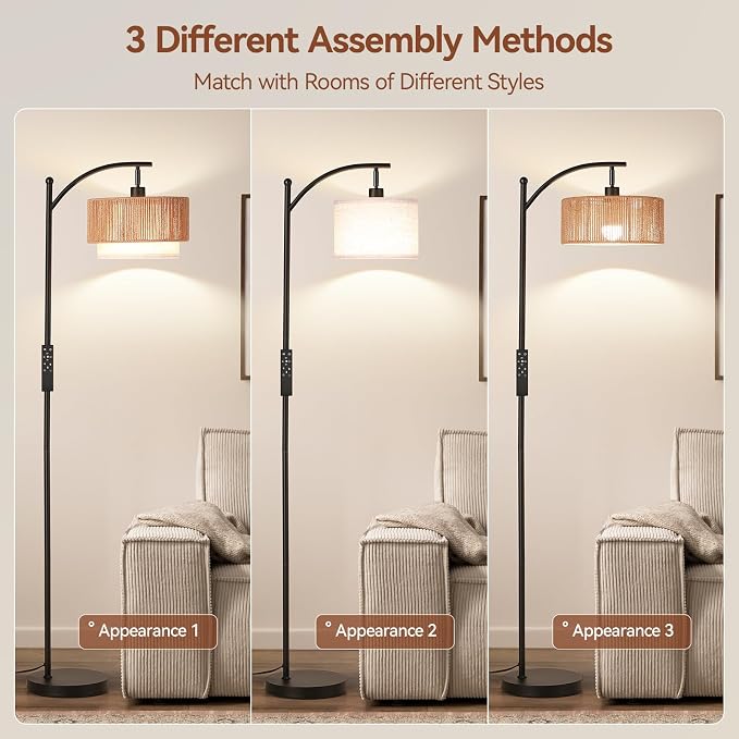 SUNMORY Arc Floor Lamps for Living Room with 12W Remote and Dimmable Bulb | Farmhouse Floor Lamps with Adjustable Rattan & Fabric Shades, LED Lamp, Boho Standing Lamp for Bedroom, Corner, Home Decor