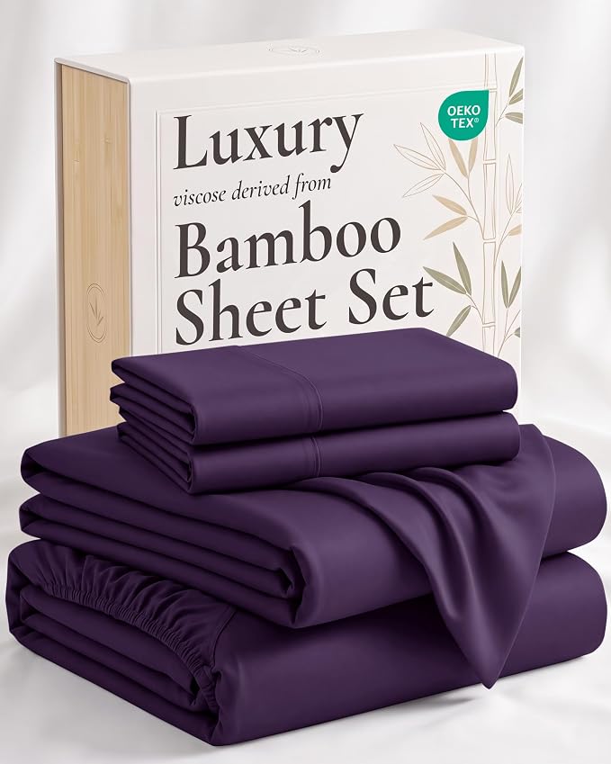 Hotel Sheets Direct 4 Piece Bed Sheet Set King Size, 100% Viscose Derived from Bamboo Sheets Set with 2 Pillowcases, Cooling & Breathable Luxury Bedding, Moisture-Wicking & Silky Soft Texture, Purple