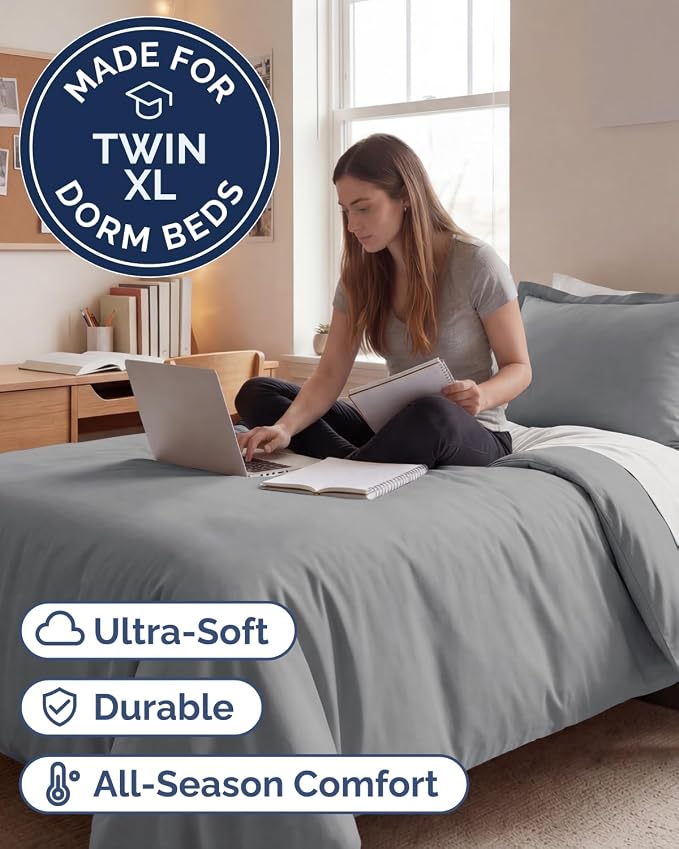 Duvet Cover Twin/Twin XL - 2 Piece with Zipper Closure - Steel Blue | Extra Soft, Breathable, Twin/Twin XL Duvet Cover 68" x 90" w/ 1 Pillow Sham, Zipper Closures & Ties, Women, Men, Kids & Teens