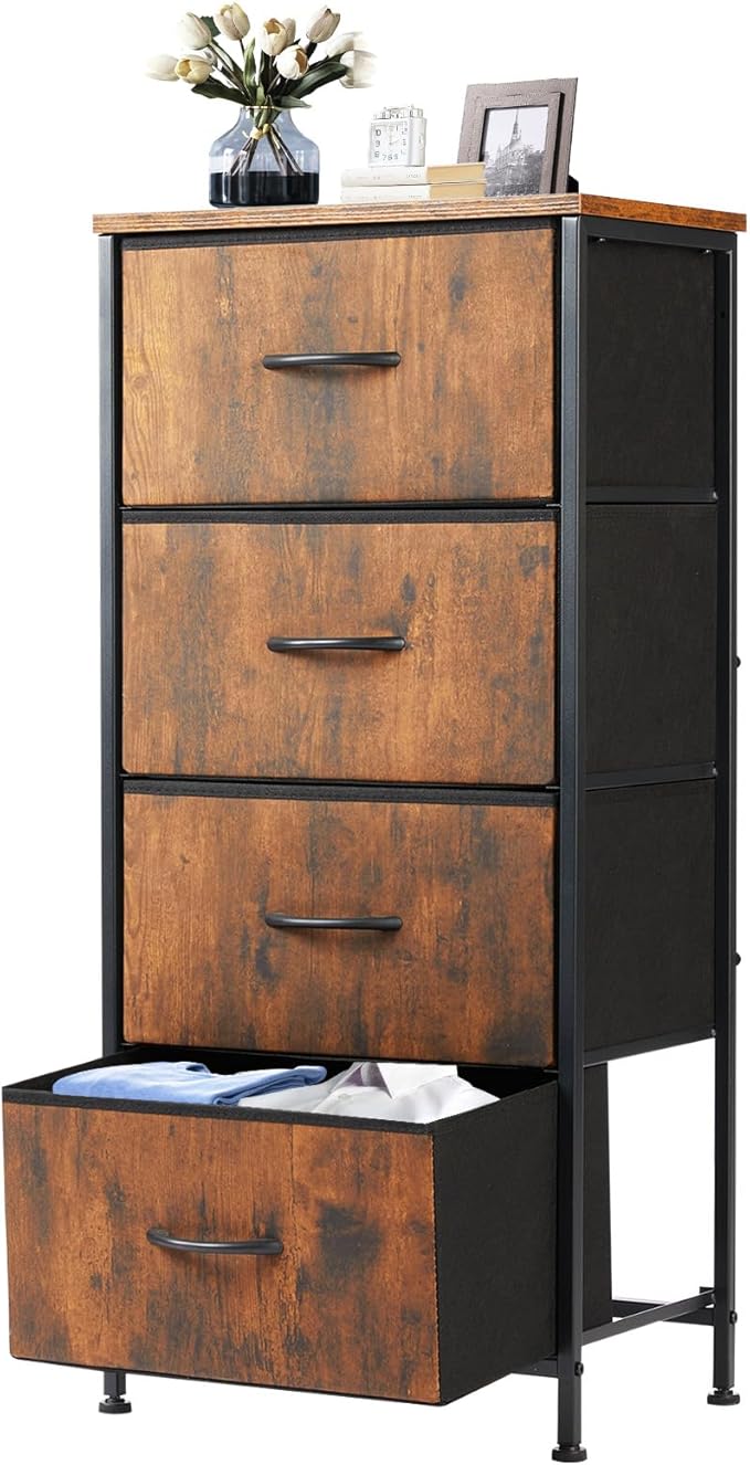DUMOS Nightstand, Bedside Table with 4 Fabric Drawers | Night Stand with Removable Bins, Sturdy Steel Frame Wood Top, Organizer Furniture for Bedroom Closet, Living Room, Brown