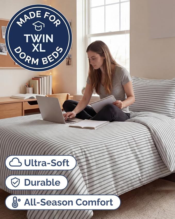 Duvet Cover Twin/Twin XL - 2 Piece with Zipper Closure - Grey Stripes | Extra Soft, Breathable, Twin/Twin XL Duvet Cover 68" x 90" w/ 1 Pillow Sham, Zipper Closures & Ties, Women, Men, Kids & Teens