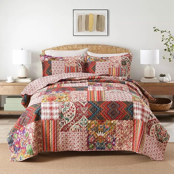 VISIMISI Cotton Bedspread Quilt Sets Reversible Bedding Coverlet Sets 3 Pieces Gorgeous Vintage Damask Red Patchwork Bedspread, King Size