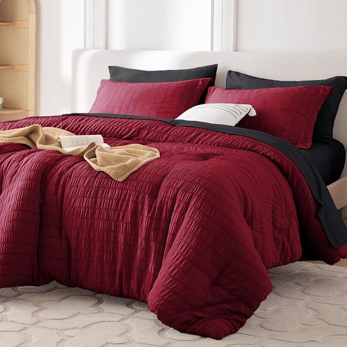 7 Pieces King Comforter Set, Seersucker Bed in a Bag King Size, All Season Luxury Bedding Set with Comforter, Flat Sheet, Fitted Sheet, Pillowcases & Shams, Red & Black