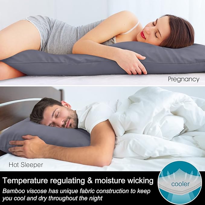 BEDELITE Body Pillow Pillowcase, Rayon from Bamboo, Grey, 20"x54" | Cooling and Breathable Body Pillow Cover for Hot Sleepers & Night Sweats, Silky Soft Full Long Pillow Case, Envelope Closure