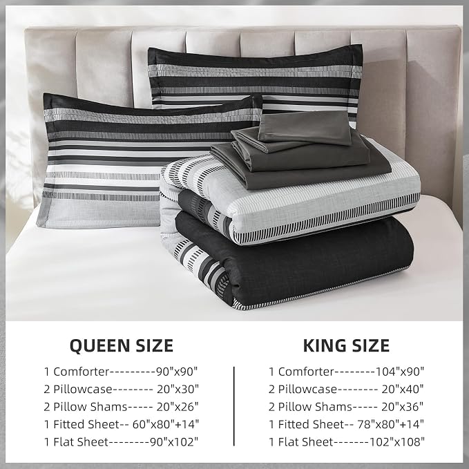 Dobuyly Grey Comforter Set King Size 7 Piece, Boho Striped Bed in a Bag King Soft Microfiber Dark Gray Bedding Sets with Comforter, Sheets, Pillowcases & Shams All Season