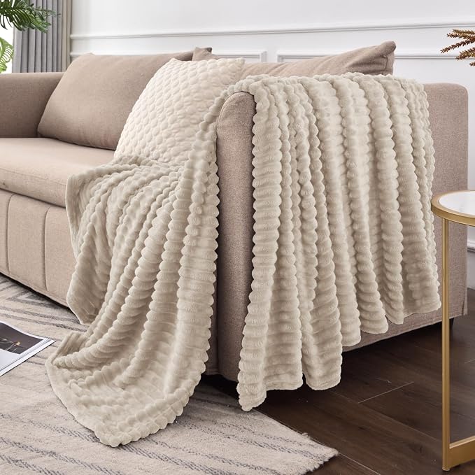 BEDELITE 3D Ribbed Jacquard Linen Fleece Twin Blanket for Couch, 60x80 Inch | Soft Warm Fluffy Blanket for Bed Sofa College Dorm Room Decor, Luxury Cozy Plush Birthday Gifts for Women Girls, Lightweight