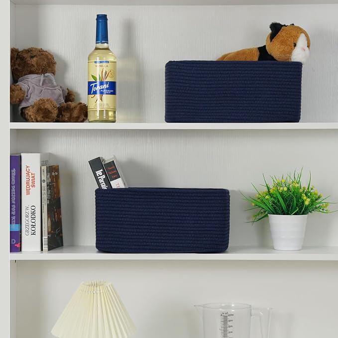 3 Pack Storage Baskets for Organizing, 13.7×9.5×6.3", Navy Blue | Woven Baskets for Shelves, Cotton Rope Basket for Gifts Empty, Closet Organizer Bins with Handles, Cube Decorative Box