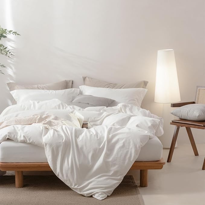 BDEAR 3Pcs Off White Duvet Cover Set Queen Size 90" L x 90" W, Oeko TEX | 100% Washed Cotton, 1 Duvet Cover with 2 Pillowcases, Zipper Closure, 8 Corner Ties,Linen-Liked Texture, Skin Friendly
