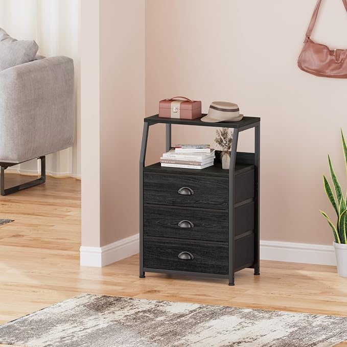 Furnulem Black Night Stand, Small Bedside Table for with 3 Fabric Drawers | Night stand with Drawers and 2-Tier Shelf, Small Dresser with Metal Frame and Wood Top, Storage Drawers for Dorm, Living Room