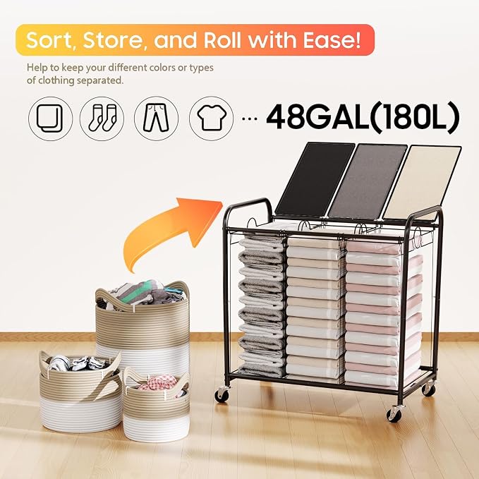 180L Laundry Sorter 3 Section, Rolling Laundry Basket with Wheels and Lid | 47.55 Gal Laundry Hamper, 3 Separated Removable Bags, Lockable Wheels, Dirty Clothes Hamper for Laundry Room, Multicolored