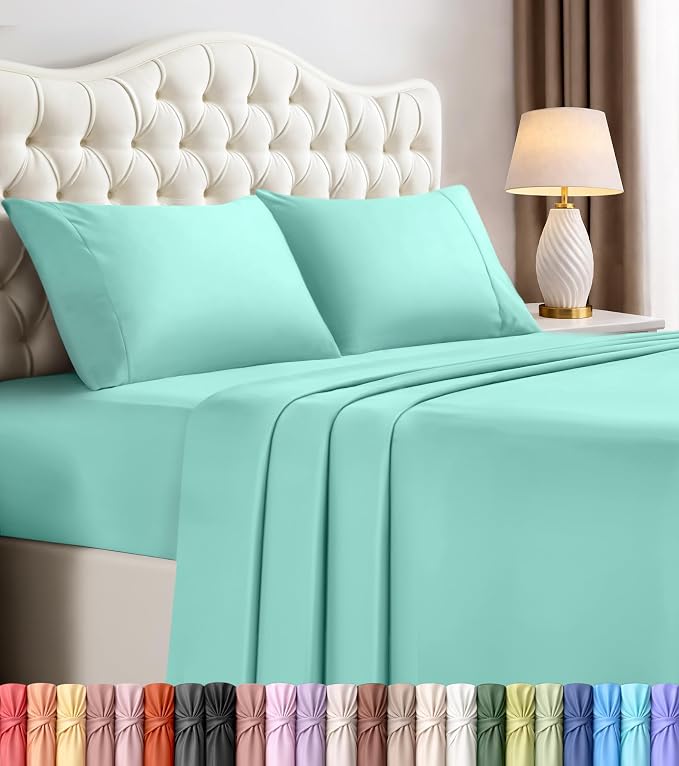 King Sheets Set, 4 Pieces 16" Deep Pocket Hotel Luxury Bed Sheets, Spa Blue | Extra Soft Bedsheet Set, Comfy & Breathable Cooling Sheets, Wrinkle & Fade Resistant, Fitted Sheet, Flat Sheet, 2 Pillowcases