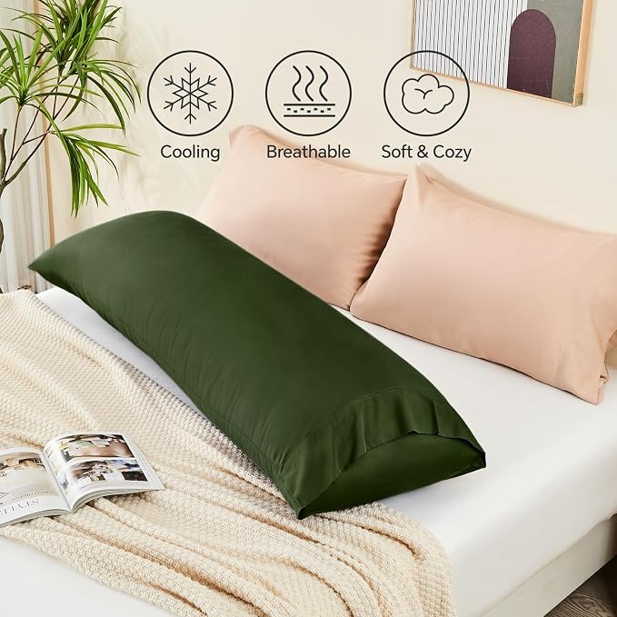 BEDELITE Body Pillow Pillowcase, Rayon from Bamboo, Olive Green, 20"x54" | Cooling and Breathable Body Pillow Cover for Hot Sleepers & Night Sweats, Silky Soft Full Long Pillow Case, Envelope Closure