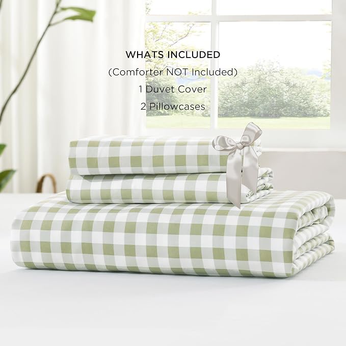 Andency Sage Gingham Duvet Cover Queen, Ruffle Shabby Bedding Set 3 Pcs | Farmhouse Soft Pre-Washed Polyester Comforter Cover with Zipper Closure & Corner Ties, 90x90Inch
