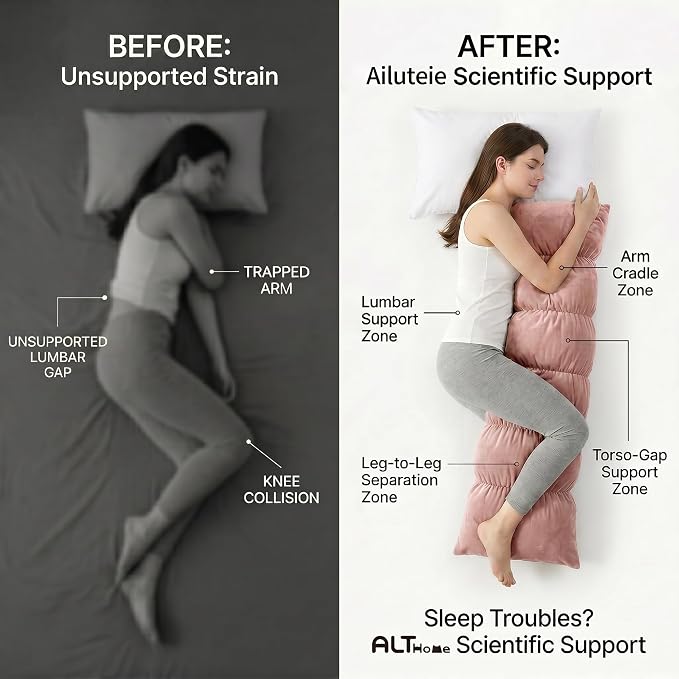 Pat. Pend. Segmented Body Pillow for Side Sleepers, 39 Inch, Pink | Small long bed pillow for adults with a removable, washable soft velvet cover; segmented design for side sleeping.