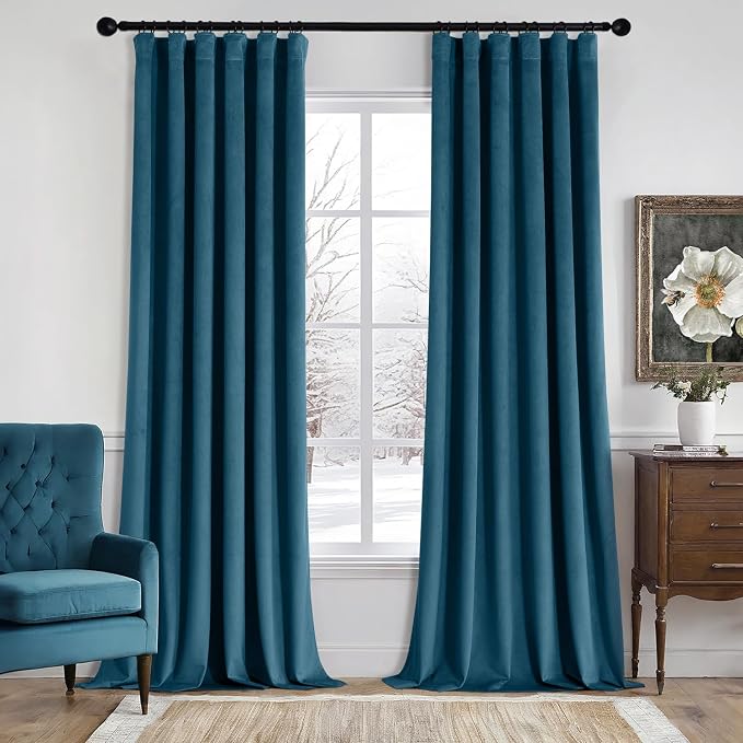 MIULEE Velvet Curtains 50W x 108L 2 Panels Peacock Blue Blackout Curtains | Luxury velvet fabric, pinch pleat design, back tab hooks, thermal insulated, blackout light blocking, for living room bedroom