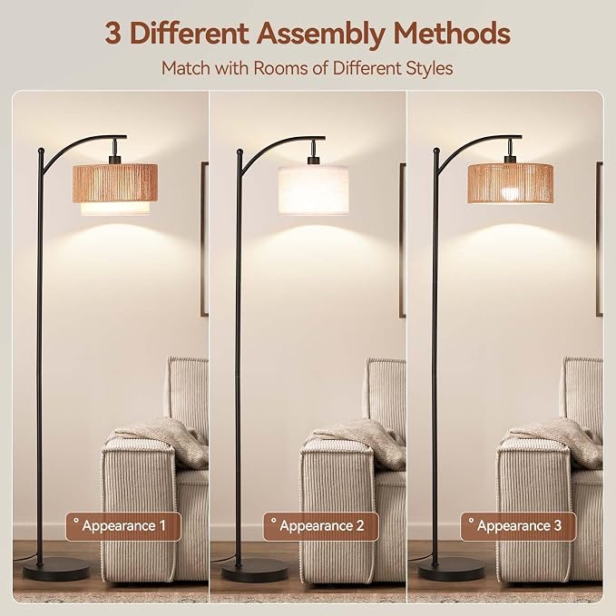 SUNMORY Arc Floor Lamps for Living Room, Rattan Standing lamp with 12W Bulb | Arched LED Lamp with 3 Color Temperatures, Farmhouse Floor Lamps with Adjustable Shades, Boho Floor Lamp for Bedroom, Corner