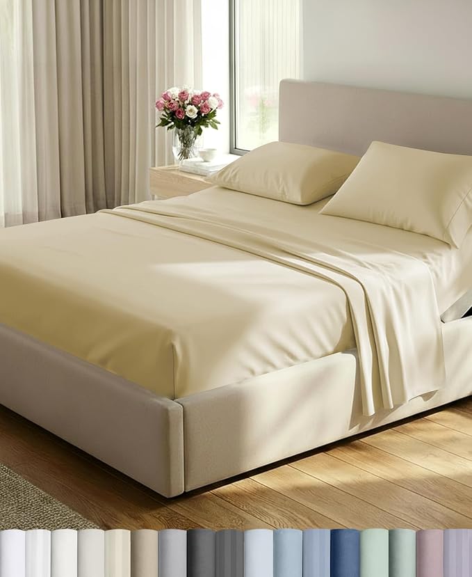 California Design Den 100% Cotton Sateen Split King Bed Sheet Set, 5 Pcs | 500 Thread Count with GH Seal, Split King Sheets Sets for Adjustable Bed with 2 Separate Twin-XL Mattresses, Butter Almond
