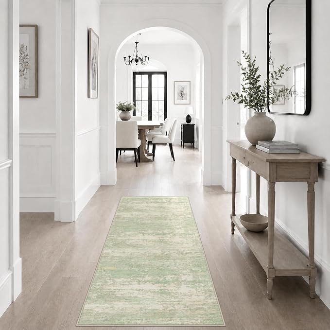 2x5 Washable Runner Rug：Modern Abstract Soft Carpet Green Cream | For Hallway, Bedroom, Kitchen, Laundry, Bathroom,Door Mat,Modern Abstract,Machine washable,Non-Slip,Stain Resistant,Indoor