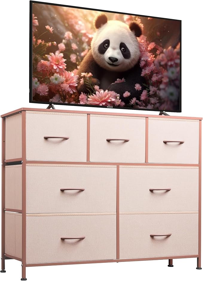 WLIVE Dresser for Bedroom, 7 Drawers, TV Stand, Pink | 7 roomy fabric drawers, Fits TVs up to 45 inch, Bedroom or living room, Wide storage design, Chest of drawers