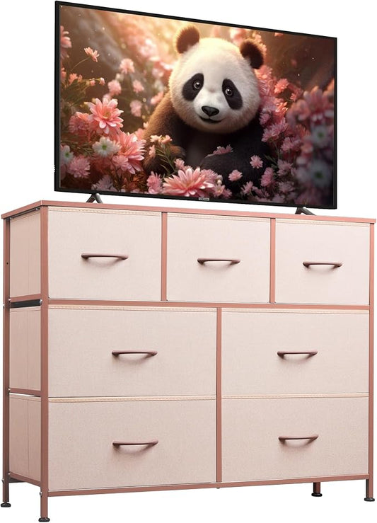WLIVE Dresser for Bedroom, 7 Drawers, TV Stand, Pink | 7 roomy fabric drawers, Fits TVs up to 45 inch, Bedroom or living room, Wide storage design, Chest of drawers