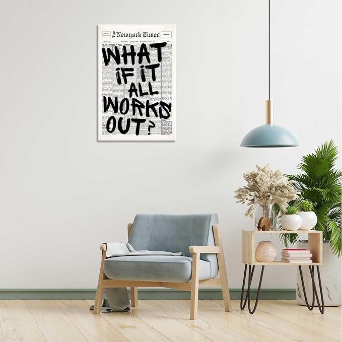 Drimiler Retro Black And White Newspaper Poster What If It All Works Out Canvas Wall Art Positive Affirming Quote Minimalist Prints Painting For Home Bedroom Dorm Wall Decor 12x18in Wframed