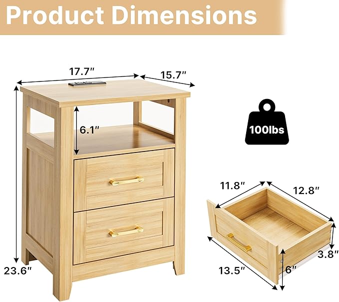 Decofy Farmhouse 2-Drawer Nightstand Set of 2 with Charging Station, Oak | Open Shelves, AC Outlets, USB And Type C Ports, Rustic Wood Bedside Tables, Storage For Small Items