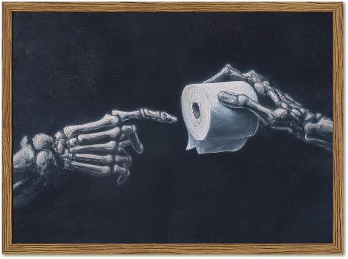 Funny Skeleton Bathroom Wall Art Gothic Skull Hand and Toilet Paper Bathroom Wall Decor Picture, Dark Academia Restroom Poster Canvas Print Painting 12x16 inch Wood Framed