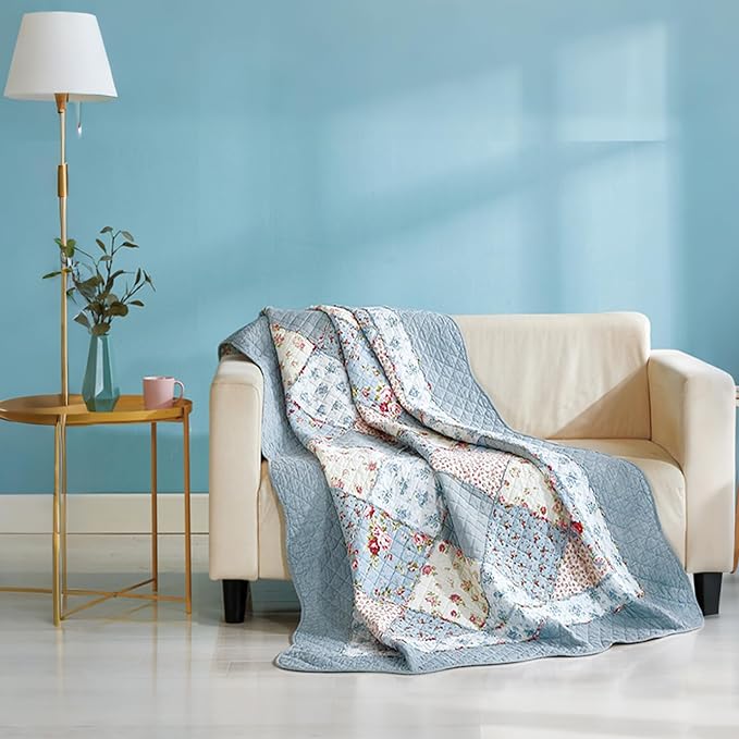 Cozyholy Original 100% Cotton Quilt Full Queen Size Blue Floral Patchwork Quilt, Lightweight Reversible Bedspread Quilted Throw Blanket, Vintage Shabby Chic Cottage Bedding Coverlet for Bed Couch Sofa