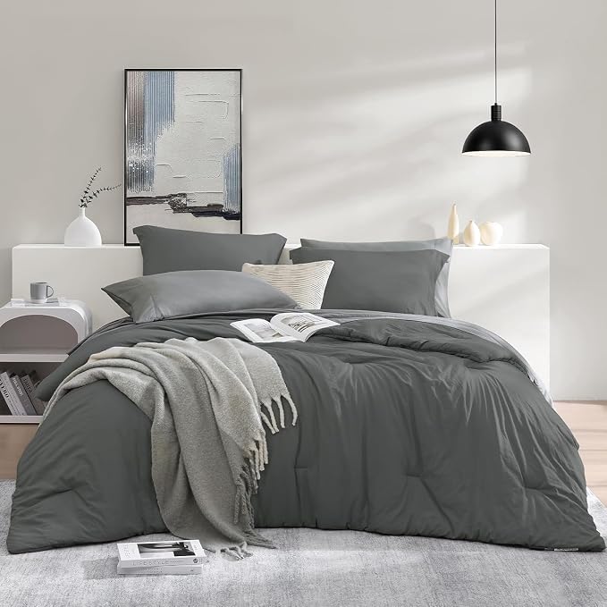 King Size Comforter Set- 7 Pieces Prewashed Bed in a Bag King Bedding Sets | Soft All Season Comforter with Sheets, Pillow Shams & Pillowcases,Grey