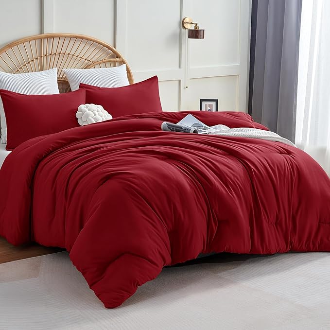 California King Comforter Set, 3 Pieces Dark Red Quilted Bedding | 270 GSM Down Alternative Fill, 4 Corner Ties for Duvet Insert Use, All Season, OEKO-TEX Certified, 2 Pillowcases, 104 x 96 in