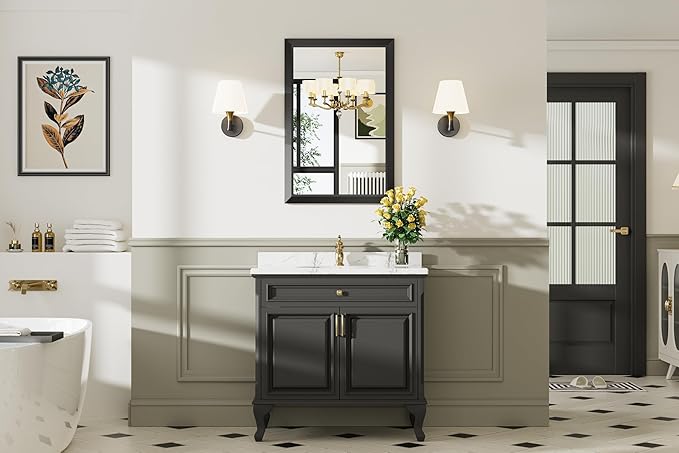 Black Metal Framed Bathroom Wall Mirror, 24x36 Inch | Anti-rust, HD tempered glass, for bathroom vanity, bedroom, living room, horizontal or vertical mount