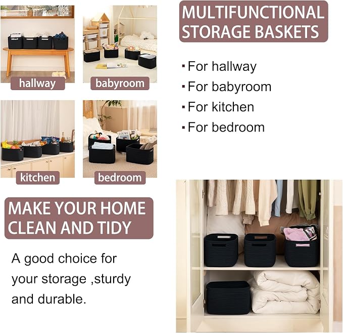 OIAHOMY 4 Pack Storage Baskets for Organizing 15L Cube Storage Bins Black | Woven Baskets for Storage Rectangle Small Baskets With Handles Baskets for Shelves Wicker Baskets for Shelves 12.7x9x7.8inch