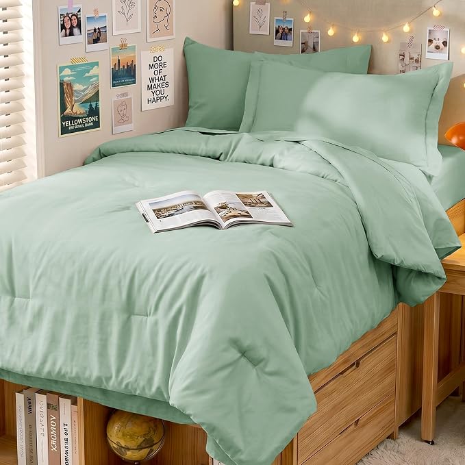 5 Pieces Twin XL Comforter Set, Soft Bed in a Bag Twin XL Size, All Season Bedding Set with Comforter, Flat Sheet, Fitted Sheet, Pillowcases & Shams, Sage Green