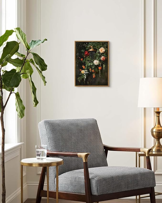 HUARCEY Vintage Floral Canvas Wall Art Framed 12"x16", Moody Botanical | Shower Wall Art,Rustic Flower Canvas Print, Antique Garden Bathroom Wall Decor for Bathroom Living Room Bedroom
