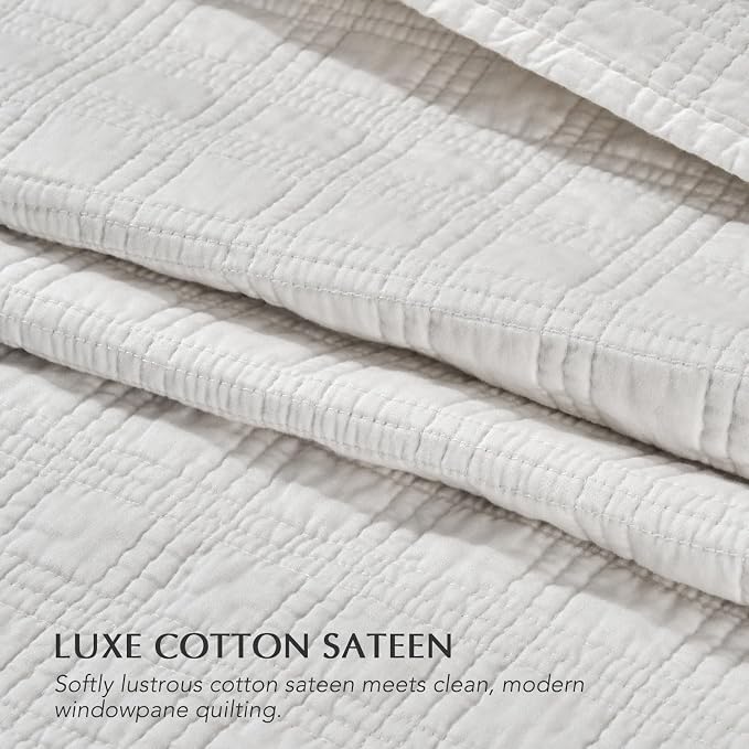 EVERGRACEHOME Cotton Sateen Windowpane Quilt Set King Size, Bright White | 100% Cotton, Pre-Washed Soft Coverlet Bedspread, 3-Piece Lightweight Bedding Set for All Season, with 2 Pillow Shams