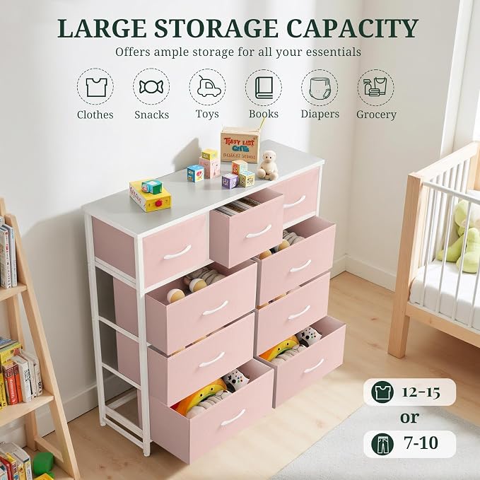 9-Drawer Dresser for Bedroom, Anti-Tip Tall Storage Organizer | Chest of Drawers with Wooden Top and Metal Frame Fabric Bins for Closet, Living Room, Hallway, Entryway, Pink