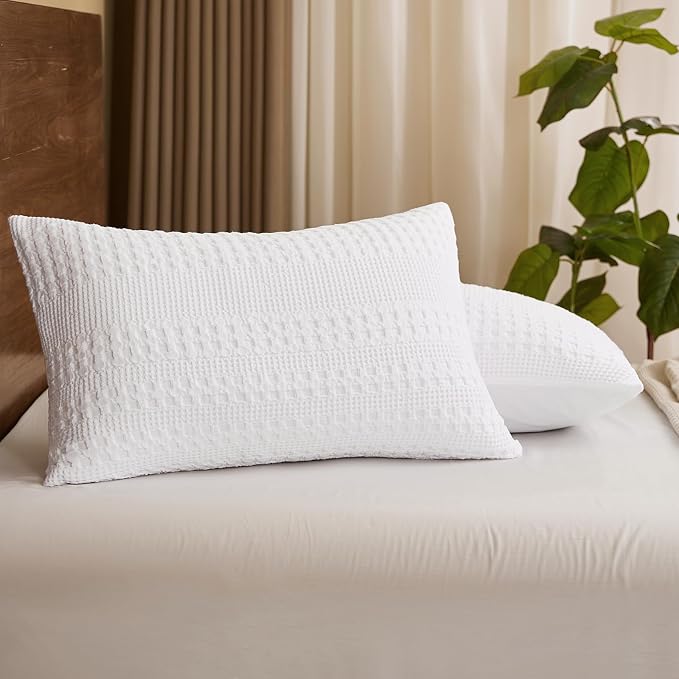 PHF 100% Cotton Waffle Pillow Shams King Size, 2 Pack 20" x 36" Soft Skin-Friendly Pillowcases, No Filling, Aesthetic Woven and Breathable Waffle Weave Pillow Case Covers for Bed, White