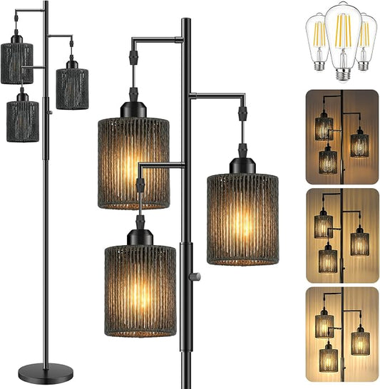 Hotsonic 72" Boho Rattan Tree Floor Lamp, Tall Dimmable Industrial Standing Lamp, Corner Decor Accent Lighting for Living Room, Bedroom, Dining Room, Nursery, Cafe (3 x 800LM Bulbs Included) - Black