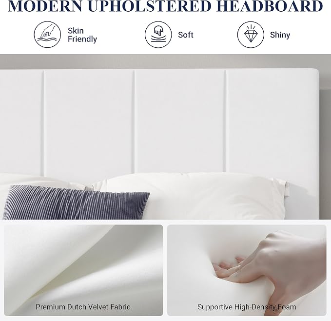 Allewie King Size Dutch Velvet Upholstered Platform Bed Frame/Vertical Channel Tufted Adjustable Headboard/Low Profile Bed Frame/No Box Spring Needed/Easy Assembly/White