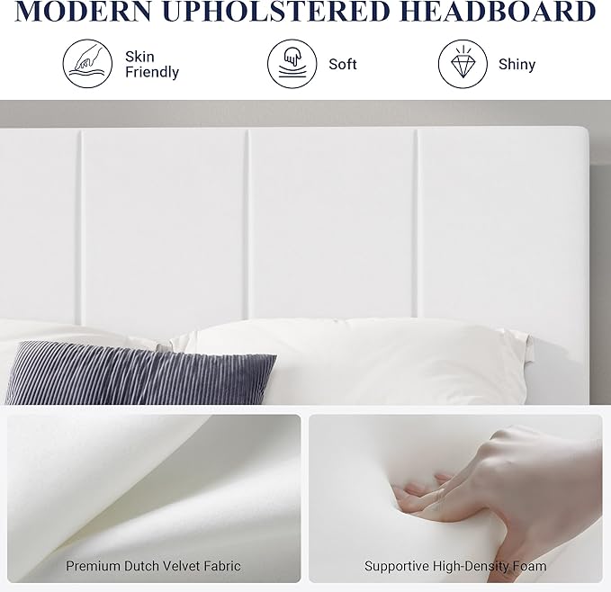 Allewie Full Size Dutch Velvet Upholstered Platform Bed Frame/Vertical Channel Tufted Adjustable Headboard/Low Profile Bed Frame/No Box Spring Needed/Easy Assembly/White