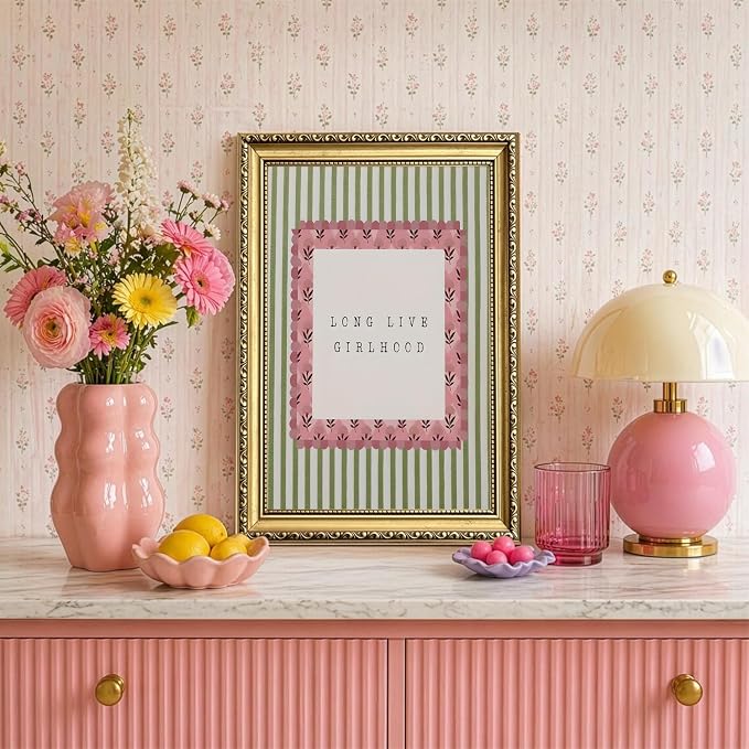 Long Live Girlhood Wall Art Vintage Girl Nursery Wall Decor Picture, Pink and Green Striped Baby Girls Poster Canvas Print Painting Artwork for Living Room Bedroom 16x24 inch Gold Framed